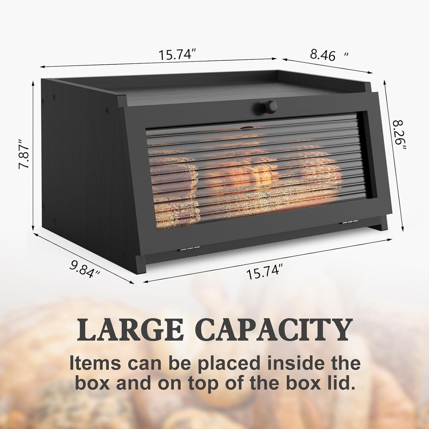 Bread Box for Kitchen Countertop,Black | Wooden,Large, Farmhouse Bread Container Holder Storage, Acrylic Translucent Window