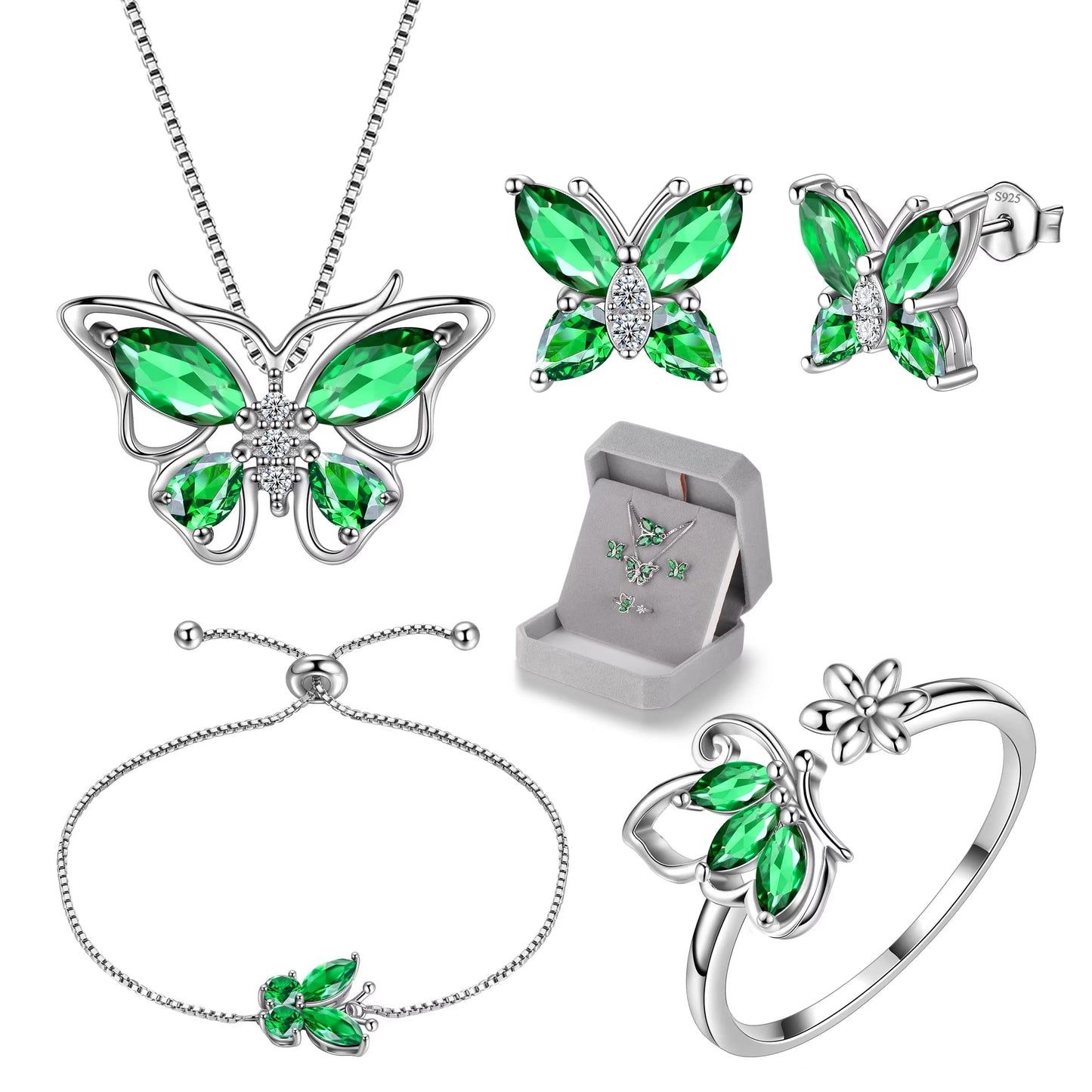 May Birthstone Jewelry Set Emerald Green Butterfly Fine Necklace/Earrings/Ring/Bracelet 925 Sterling Silver Women Xmas Birthday Mother'S Day Gift