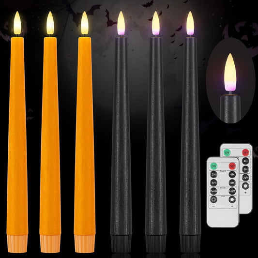 Orange and Black Flameless Taper Candles Flickering, Real Wax Halloween Candles with 2 Remote & Timer, Battery Operated Halloween Led Candle for Party Home Decor 6 Pack