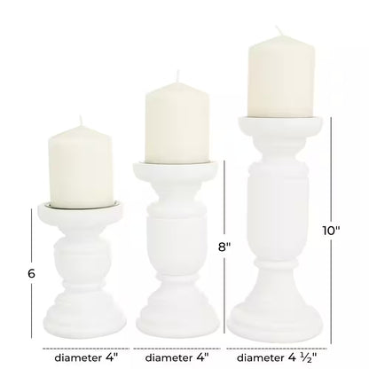 White Mango Wood Turned Style Pillar Candle Holder (Set of 3)