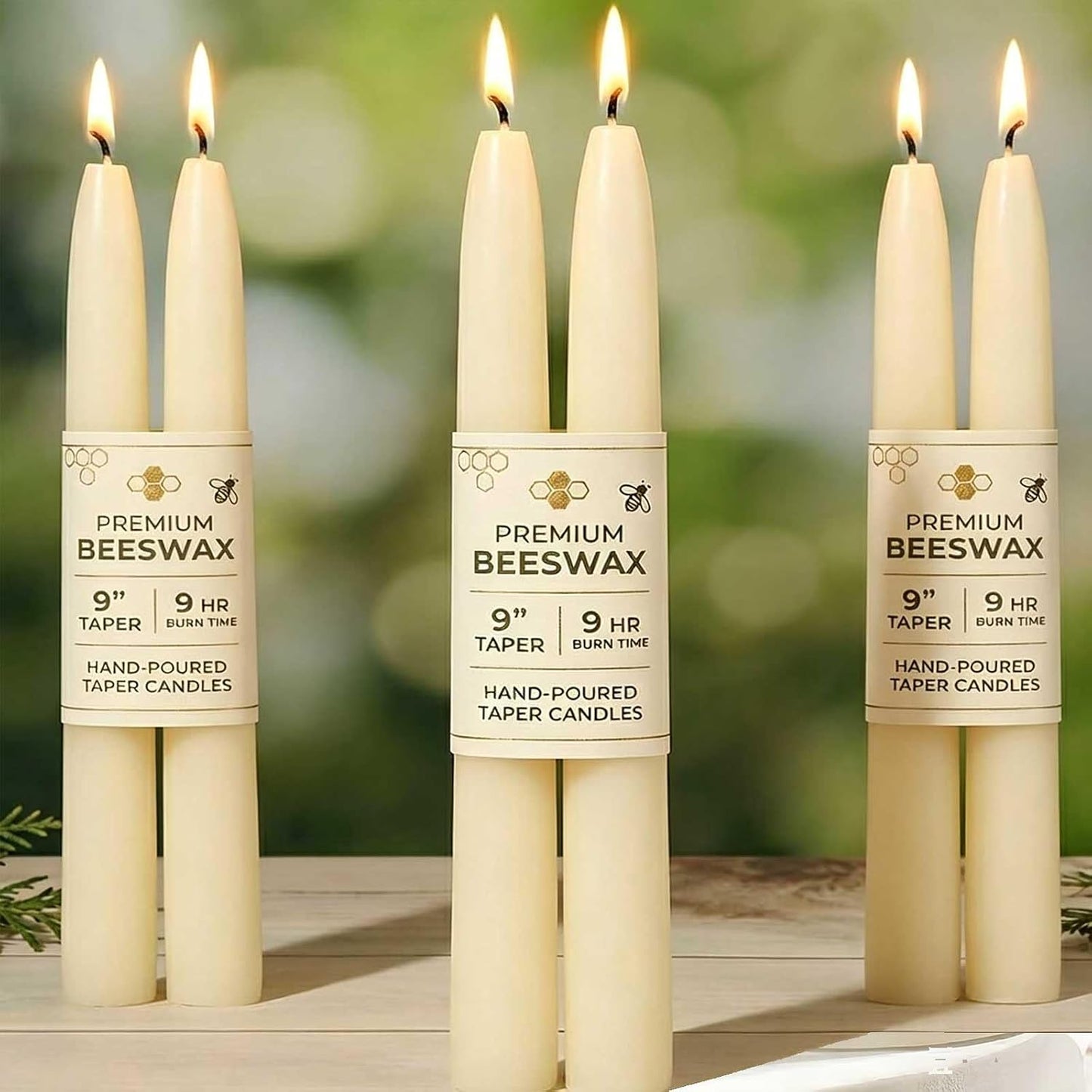 9 Inch Pure White Beeswax Taper Candles, 6 Pack, Non-Toxic, up to 10 Hours | 100% Natural，Long Lasting Burning，Dripless，Smokeless,Unscented Tapered Candle Sticks for Home,Dinne,Prayer,Wedding,Emergency