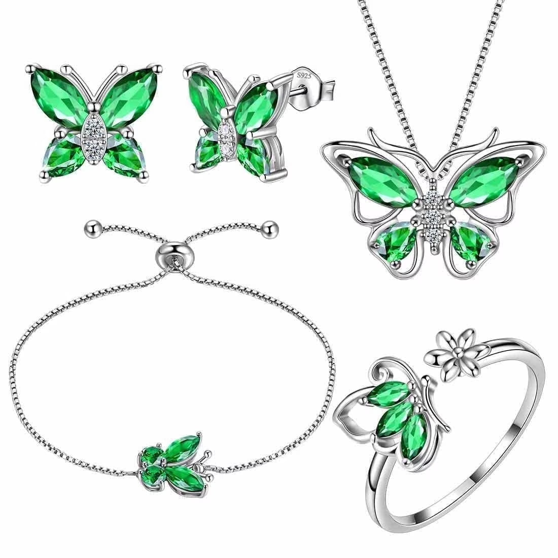 May Birthstone Jewelry Set Emerald Green Butterfly Fine Necklace/Earrings/Ring/Bracelet 925 Sterling Silver Women Xmas Birthday Mother'S Day Gift