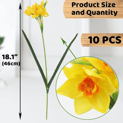 10 Pcs Artificial Daffodils Flowers Narcissus Faux Spring Flowers Fake Silk Daffodil Flower Arrangement for Indoor Outdoor Home Wedding Decor (10, Yellow)