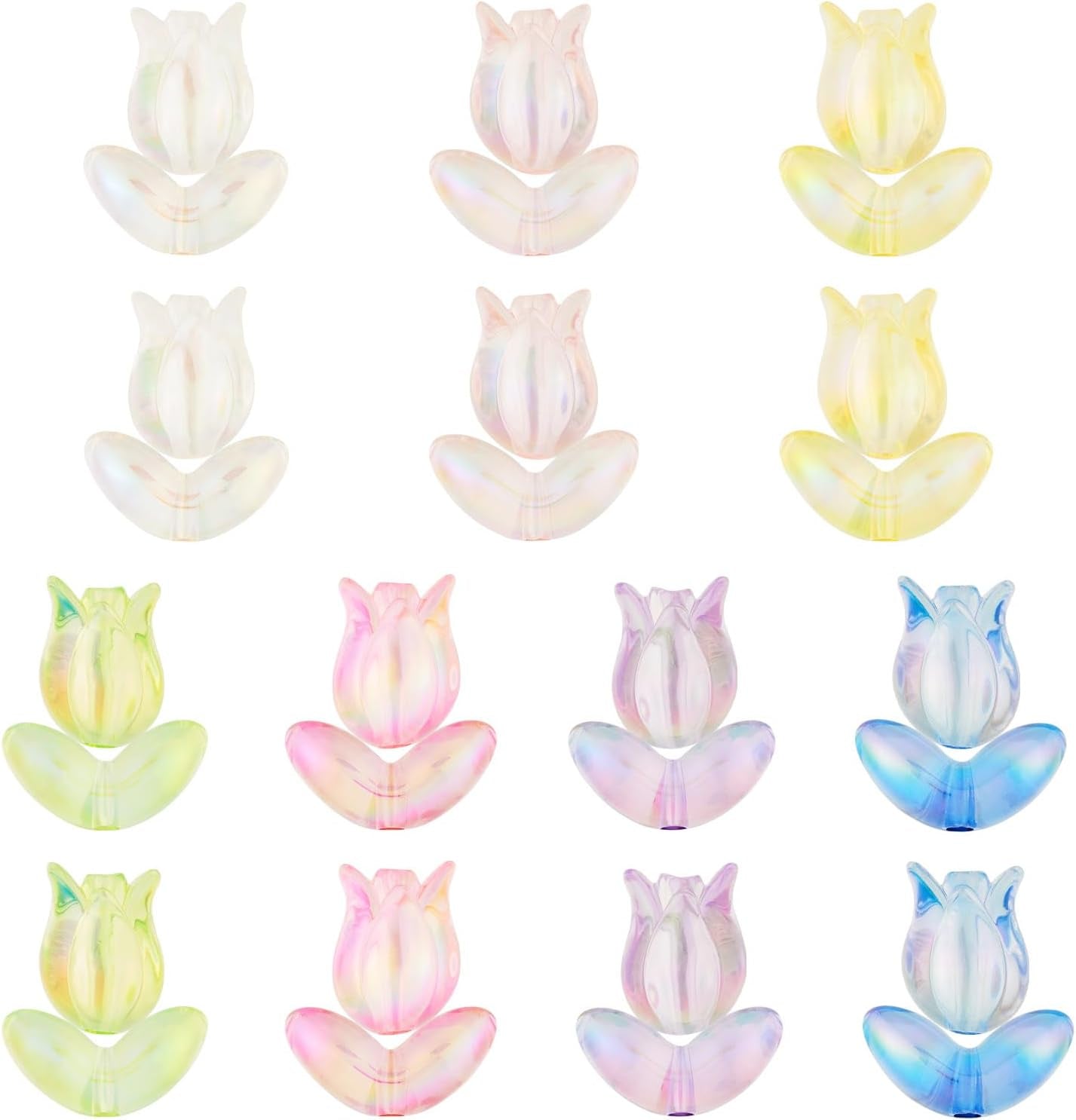 Pandahall 84Pcs Tulip Acrylic Translucent Bracelet Flower Beads - 7 Colors Iridescent Loose Spacer for Jewelry, Bracelets, Necklaces, Earrings, Chains, Accessories, 14