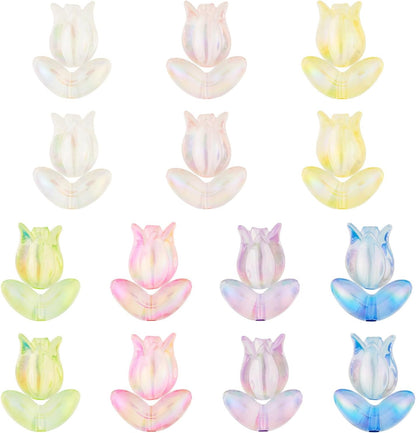 Pandahall 84Pcs Tulip Acrylic Translucent Bracelet Flower Beads - 7 Colors Iridescent Loose Spacer for Jewelry, Bracelets, Necklaces, Earrings, Chains, Accessories, 14