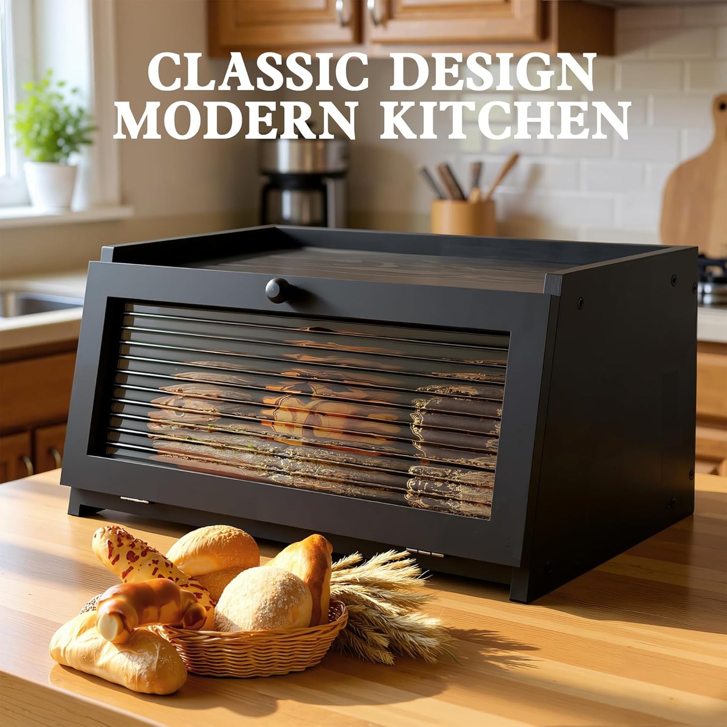 Bread Box for Kitchen Countertop,Black | Wooden,Large, Farmhouse Bread Container Holder Storage, Acrylic Translucent Window