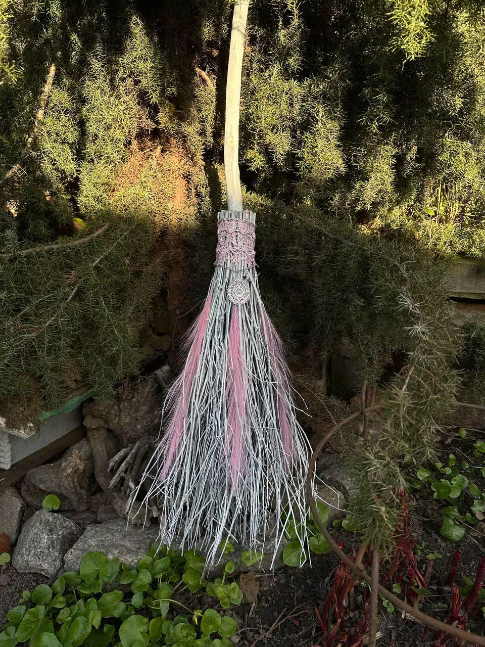 White and Pink Birch Broom, Wedding Broom with Feathers, Broomstick, Besom, Besom Broom, Hexenbesen, Full Size Large Witch Broom
