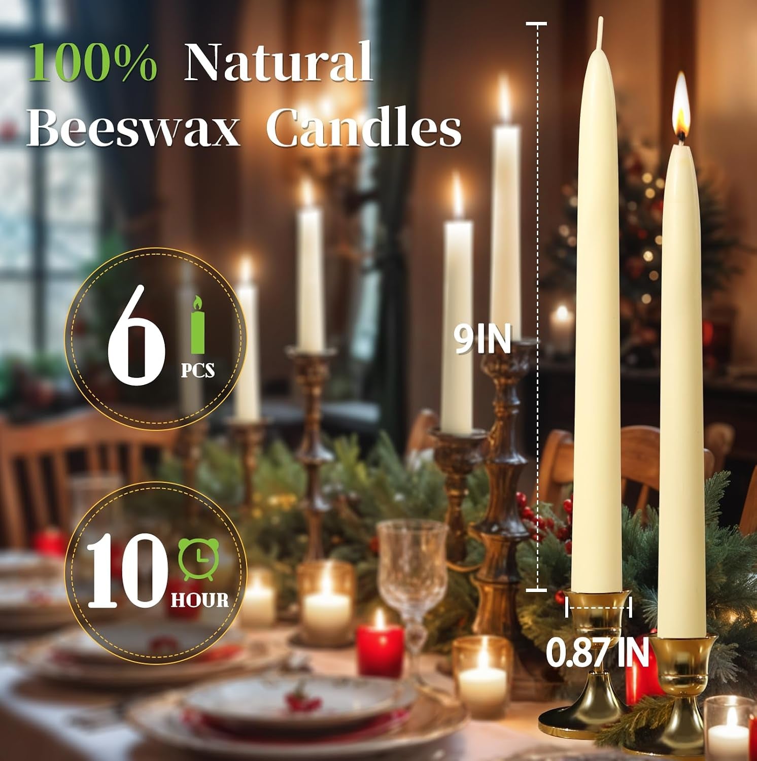 9 Inch Pure White Beeswax Taper Candles, 6 Pack, Non-Toxic, up to 10 Hours | 100% Natural，Long Lasting Burning，Dripless，Smokeless,Unscented Tapered Candle Sticks for Home,Dinne,Prayer,Wedding,Emergency