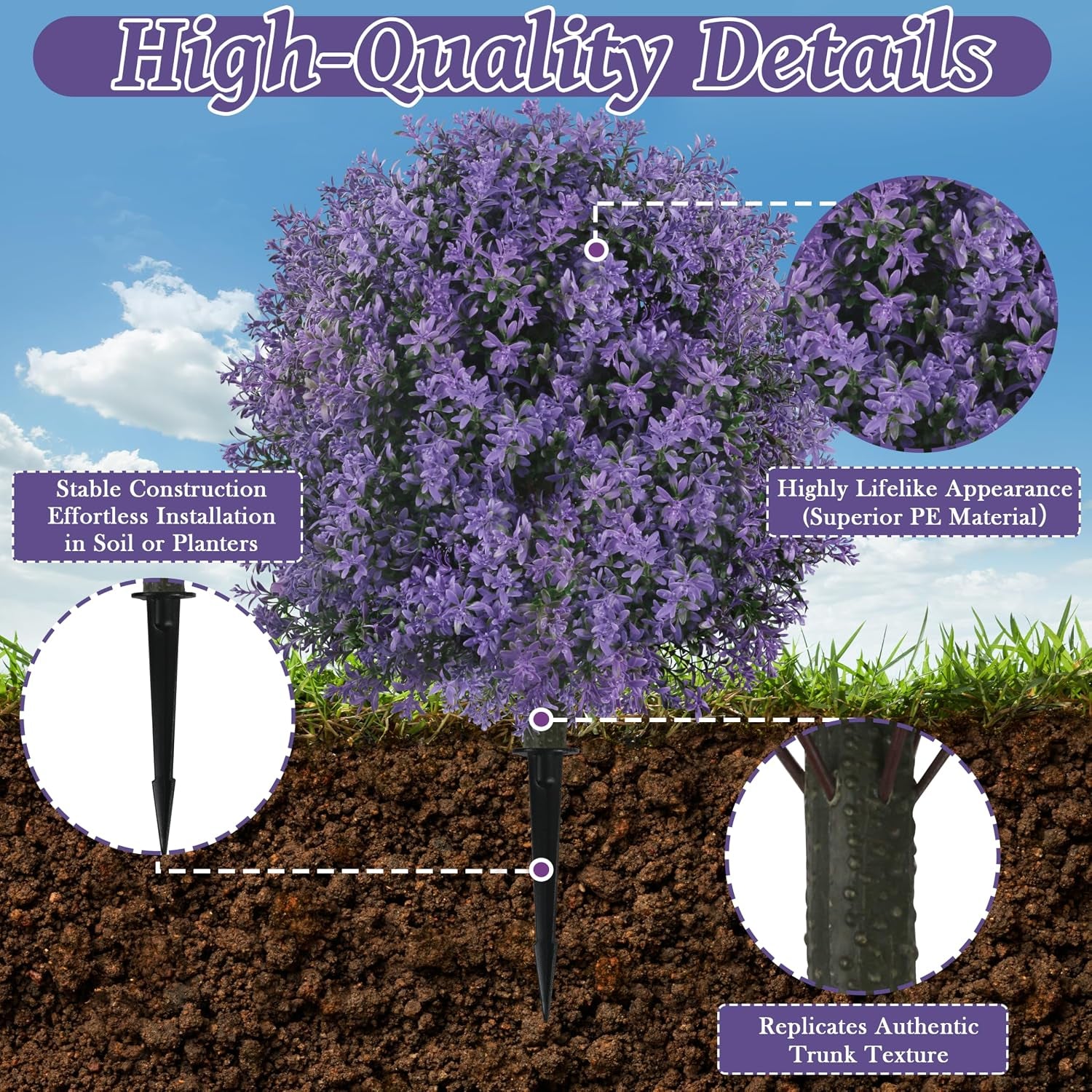 25.5" Set of 2 Artificial Lilac Flowers Tree Purple Lilac Bush | Faux Lilac Shrub Bushes with Ground Spike, UV Resistant Fake Delphinium Antirrhinum for Indoor, Garden, Porch, Patio Decor