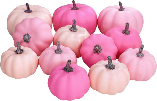 12 Pcs Assorted Small Fall Artificial Pumpkins Faux Pink Pumpkins Decorative Pumpkins Foam Pumpkins for Gifts Fall Wedding Baby Shower Halloween Thanksgiving Table Centerpiece Farmhouse Decor