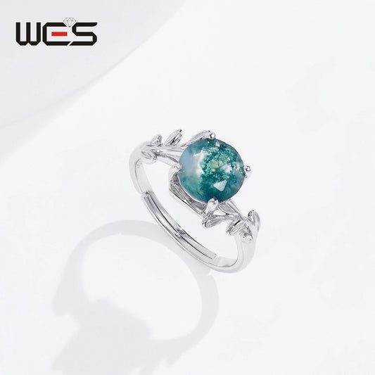 925 Sterling Silver Natural Gemstone 8*8Mm Moss Agate Jewelry Set for Women Leaf Branch Ring Pendant Wholesale Wedding Gift