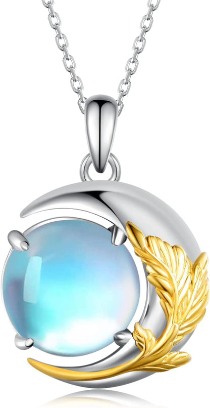 Moonstone Feather Necklace 925 Sterling Silver Moonstone Necklace Moonstone Crescent Moon Jewelry for Women Girlfriend Daughter