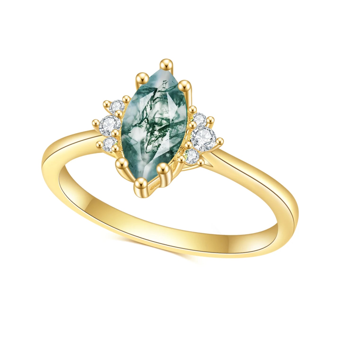 Marquise 5X10Mm 925 Sterling Silver Natural Moss Agate Engagement Ring Bridal Wedding Ring for Her Moss Agate Dainty Ring Set