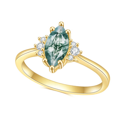 Marquise 5X10Mm 925 Sterling Silver Natural Moss Agate Engagement Ring Bridal Wedding Ring for Her Moss Agate Dainty Ring Set