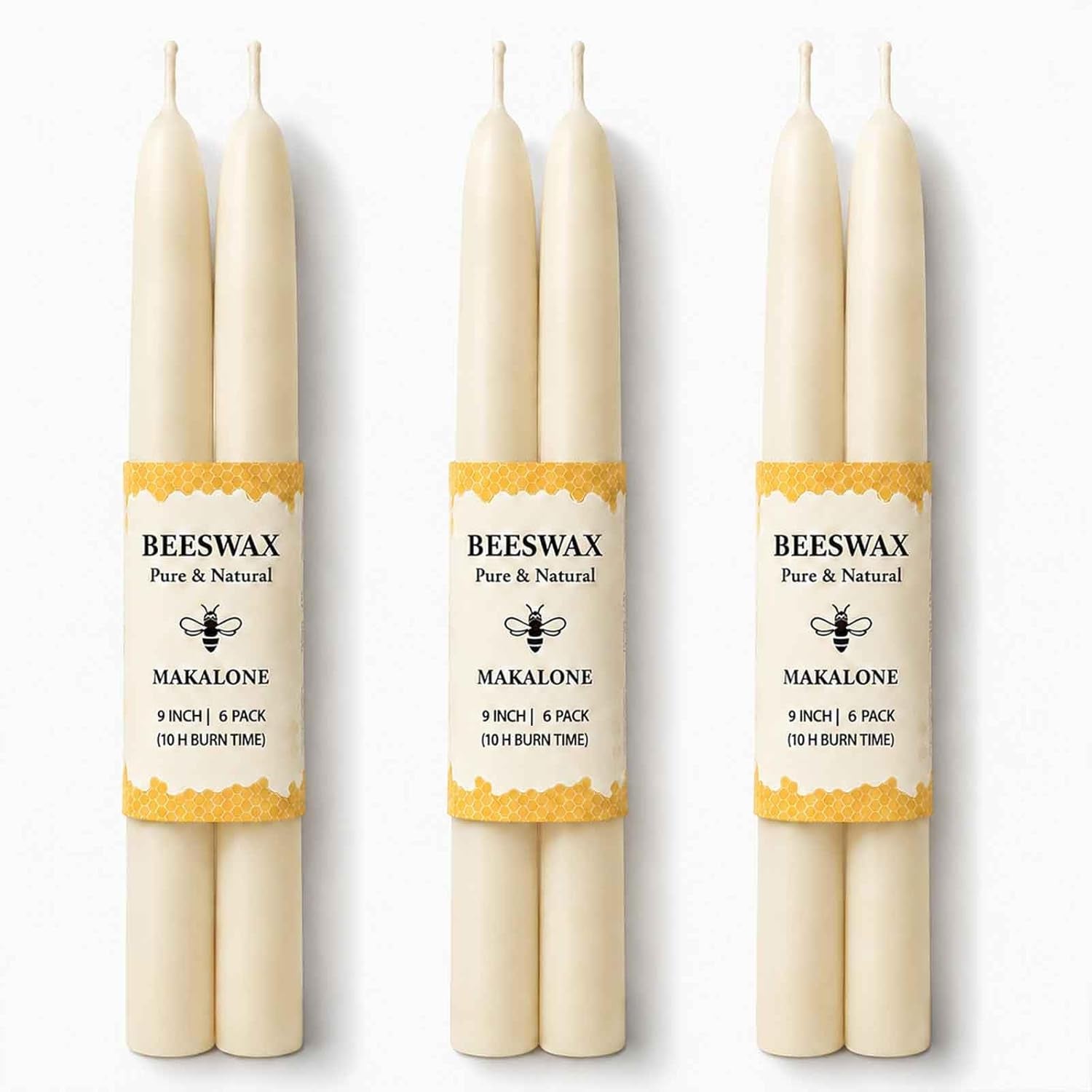 9 Inch Pure White Beeswax Taper Candles, 6 Pack, Non-Toxic, up to 10 Hours | 100% Natural，Long Lasting Burning，Dripless，Smokeless,Unscented Tapered Candle Sticks for Home,Dinne,Prayer,Wedding,Emergency