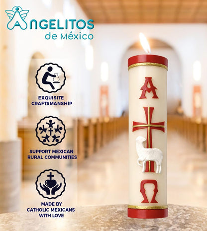 Handmade Paschal Red Candle with Alpha Omega Cross and Sheep