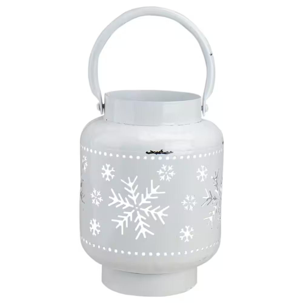 6.75 In. White Snowflake Cutout Christmas Candle Holder- Lantern Metal