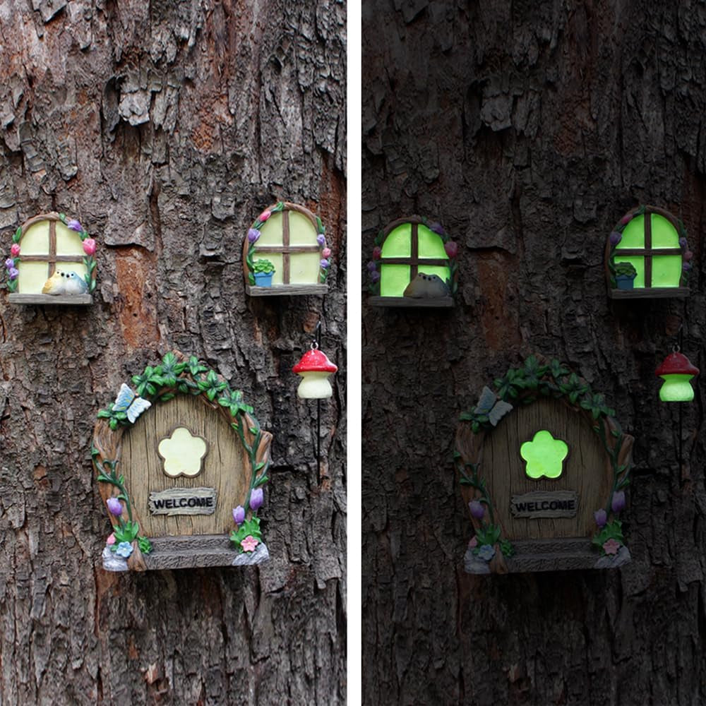 Garden Sculptures Outdoor Statues - Miniature Fairy Decoration, Gnomes Ornament Accessories Kit, Art Yard Tree Face, Figurine Decoration - Glow in the Dark