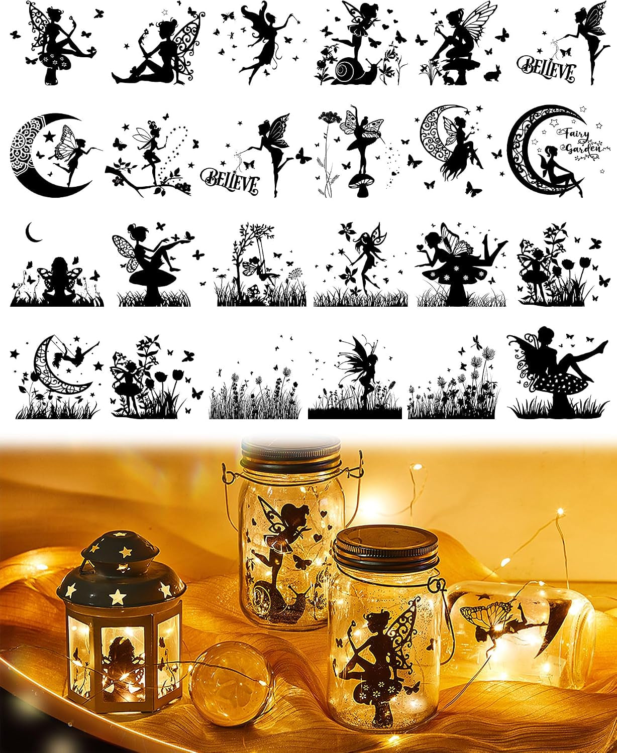 24 Pcs Fairy Transfer Stickers Silhouettes for Crafts, Rub on Transfers for Glass Mason Jars, Self Adhesive Decals DIY Lantern Embellishments, Jar Cutouts Seasonal Decor(Fairy)
