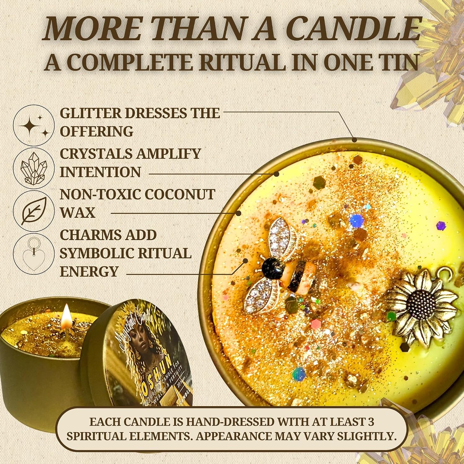Oshun Spell Candle – Fixed, Dressed & Altar-Charged Candle for Love, Beauty, Abundance & Attraction – African Orisha, Santería, Ifá, Hoodoo, Pagan Magick Use (Small 4 Oz)