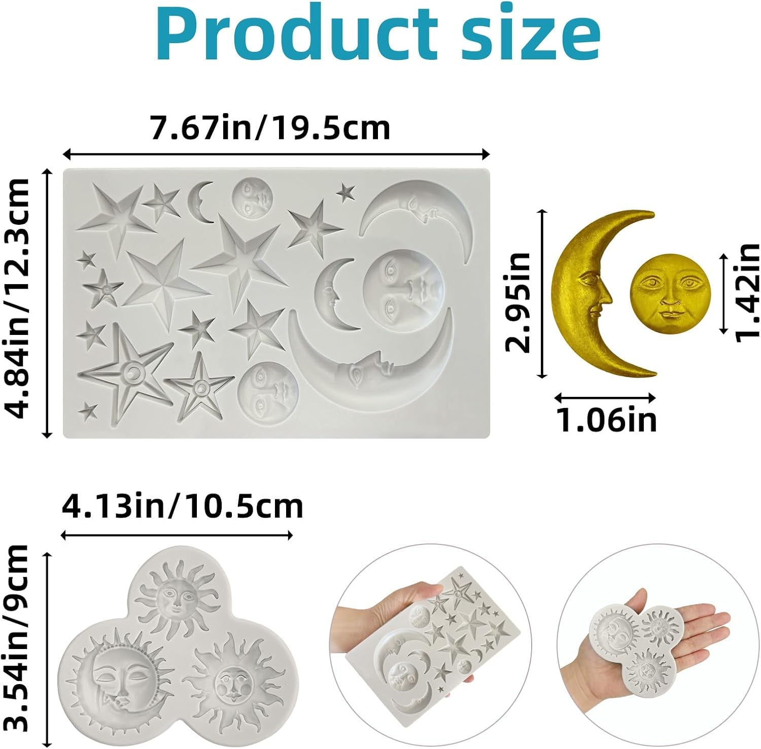 2 Pcs Sun Face Moon Star Silicone Molds Star Fondant Cake Molds Candy Polymer Clay Mold Silicone Moon Chocolate Mold for Cake Decorating, Cupcake, Clay, DIY Crafts, Fondant