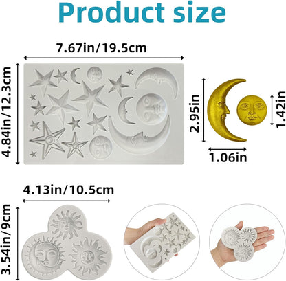 2 Pcs Sun Face Moon Star Silicone Molds Star Fondant Cake Molds Candy Polymer Clay Mold Silicone Moon Chocolate Mold for Cake Decorating, Cupcake, Clay, DIY Crafts, Fondant