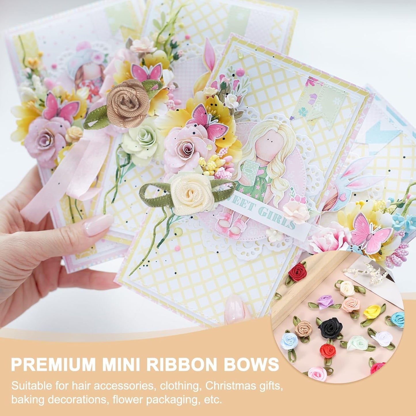 100Pcs Pink Ribbon Roses 5/8"X1-3/16" Mini Roses for Crafts Little Satin Bows Roses Artificial Flowers