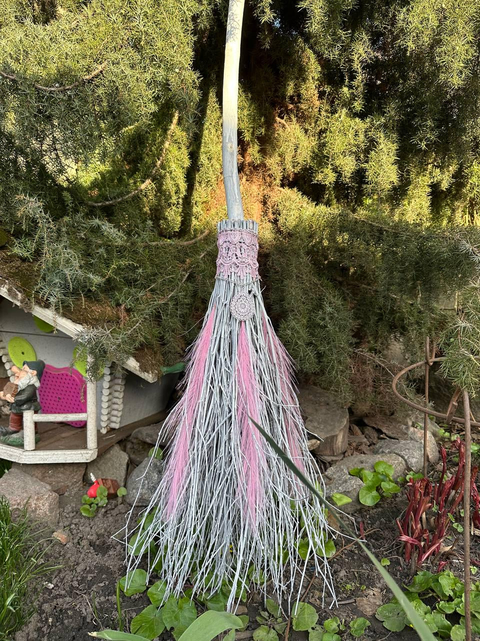 White and Pink Birch Broom, Wedding Broom with Feathers, Broomstick, Besom, Besom Broom, Hexenbesen, Full Size Large Witch Broom