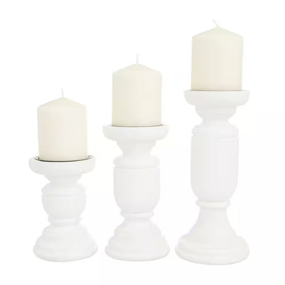 White Mango Wood Turned Style Pillar Candle Holder (Set of 3)