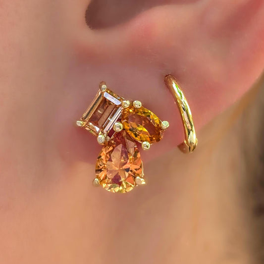 Citrine Statement Stud, 3 Stone Natural Golden Orange Citrine Earrings, - the Tulia