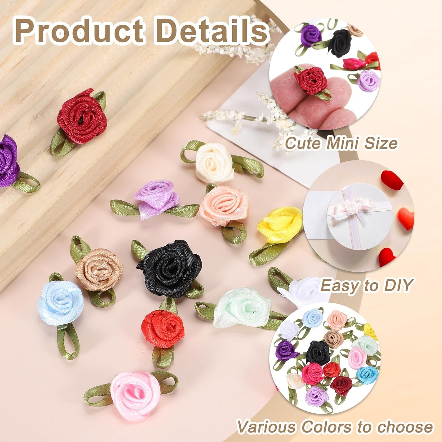 100Pcs Pink Ribbon Roses 5/8"X1-3/16" Mini Roses for Crafts Little Satin Bows Roses Artificial Flowers