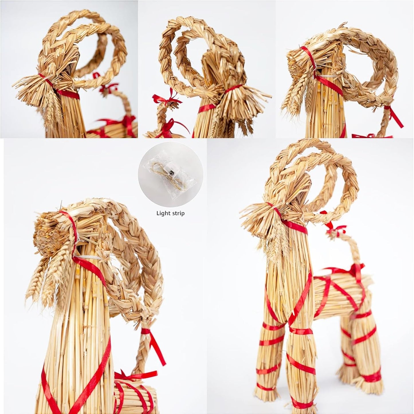 11.8" Lighted Christmas Straw Goat Home Decor Swedish Scandinavian Yule Style Decorative Handmade Ornaments with LED Light for Indoor Christmas Home Kitchen Bedroom Decor