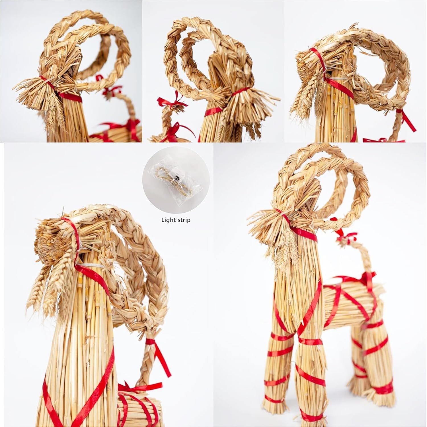 11.8" Lighted Christmas Straw Goat Home Decor Swedish Scandinavian Yule Style Decorative Handmade Ornaments with LED Light for Indoor Christmas Home Kitchen Bedroom Decor