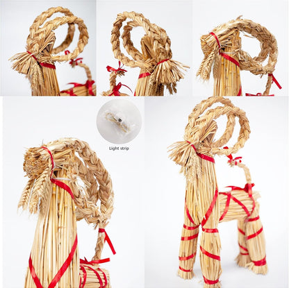11.8" Lighted Christmas Straw Goat Home Decor Swedish Scandinavian Yule Style Decorative Handmade Ornaments with LED Light for Indoor Christmas Home Kitchen Bedroom Decor