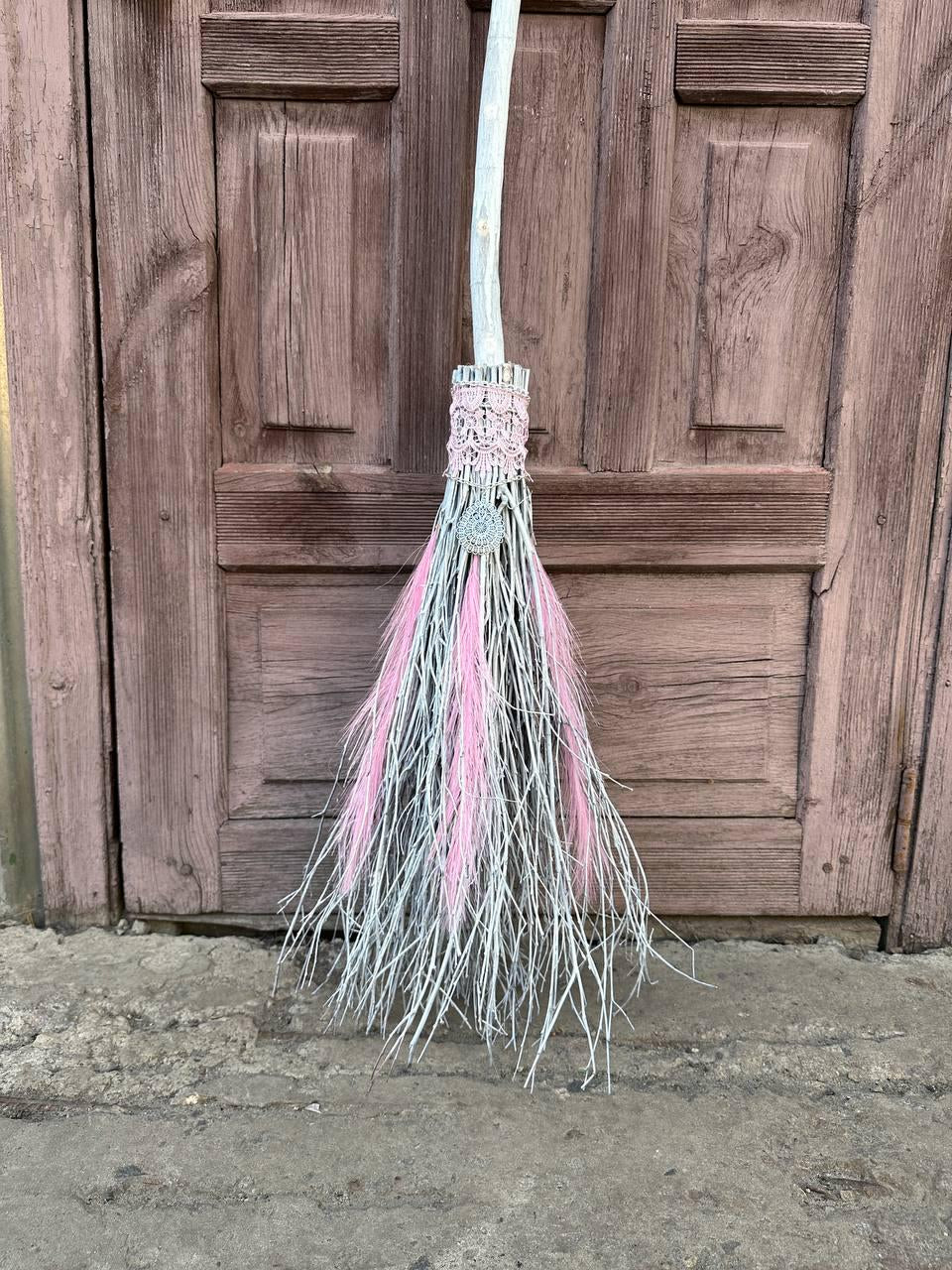 White and Pink Birch Broom, Wedding Broom with Feathers, Broomstick, Besom, Besom Broom, Hexenbesen, Full Size Large Witch Broom
