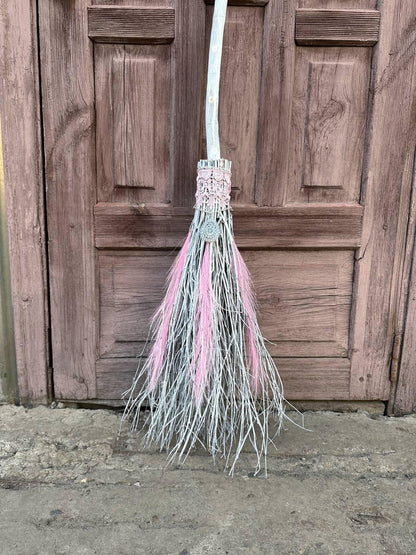 White and Pink Birch Broom, Wedding Broom with Feathers, Broomstick, Besom, Besom Broom, Hexenbesen, Full Size Large Witch Broom