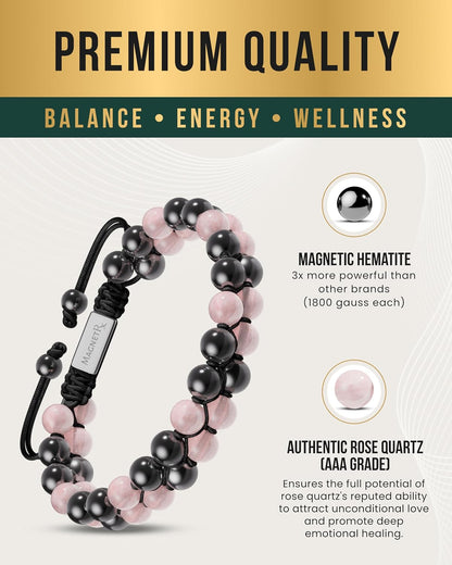 ® Hematite & Rose Quartz Bracelet - MAX Strength Magnetic Hematite Bracelets - Natural Rose Quartz Crystals Pink Beaded Bracelets for Women