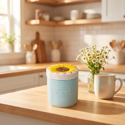 French Butter Crock Sunflower Ceramic Water Sealed Spreadable Butter Keeper | Blue Ceramic French Butter Crock with 3D Sunflower Lid for Keeping Butter Soft and Spreadable Using Water Seal Technology