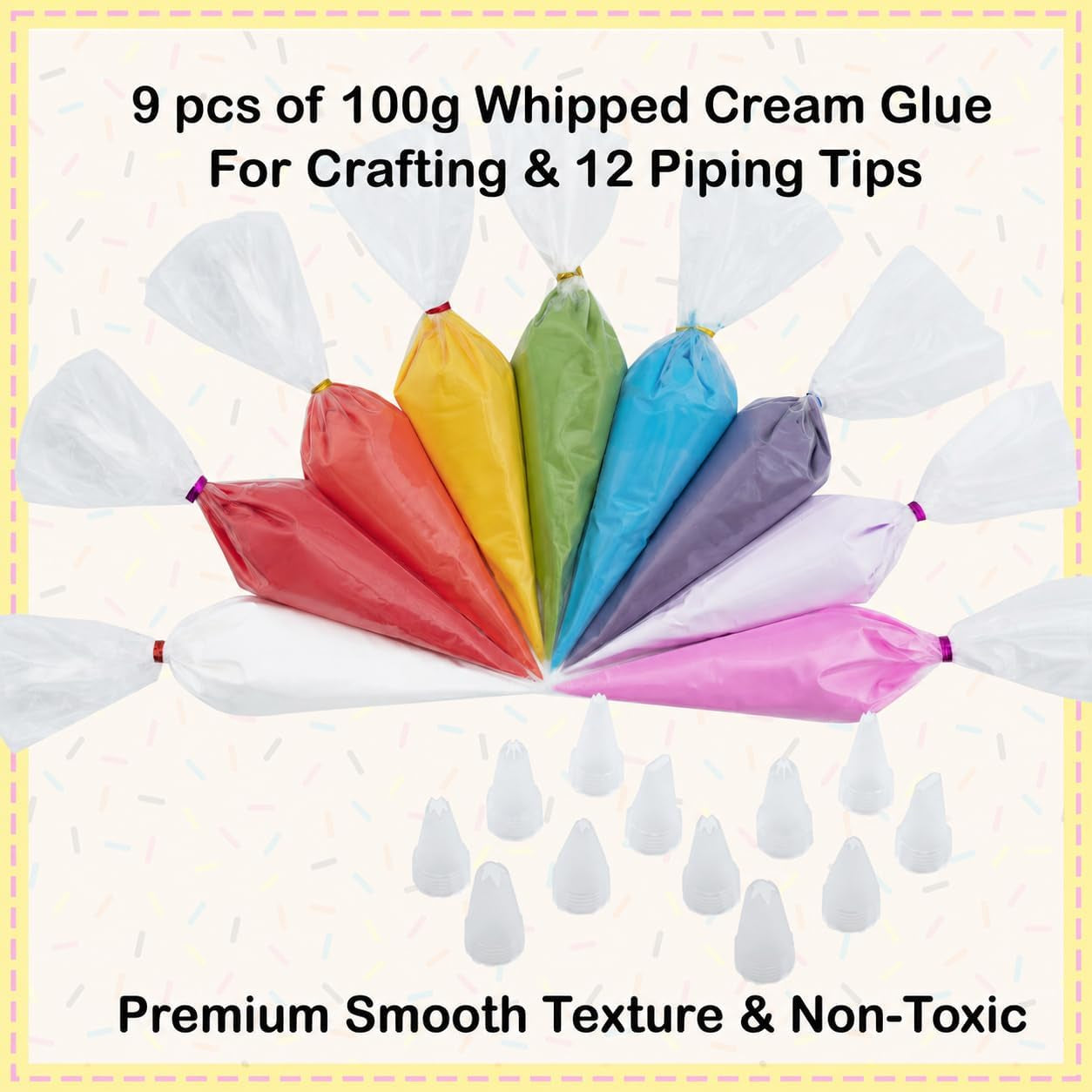 Cream Large 9PCS Premium Texture Fake Whipped Cream Glue, Deco Cream,  Kit, Fake Frosting, Fake Icing, Whipped Clay with Piping Bags for Crafts and DIY Projects (Rainbow Set)