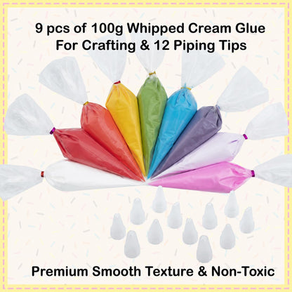 Cream Large 9PCS Premium Texture Fake Whipped Cream Glue, Deco Cream,  Kit, Fake Frosting, Fake Icing, Whipped Clay with Piping Bags for Crafts and DIY Projects (Rainbow Set)