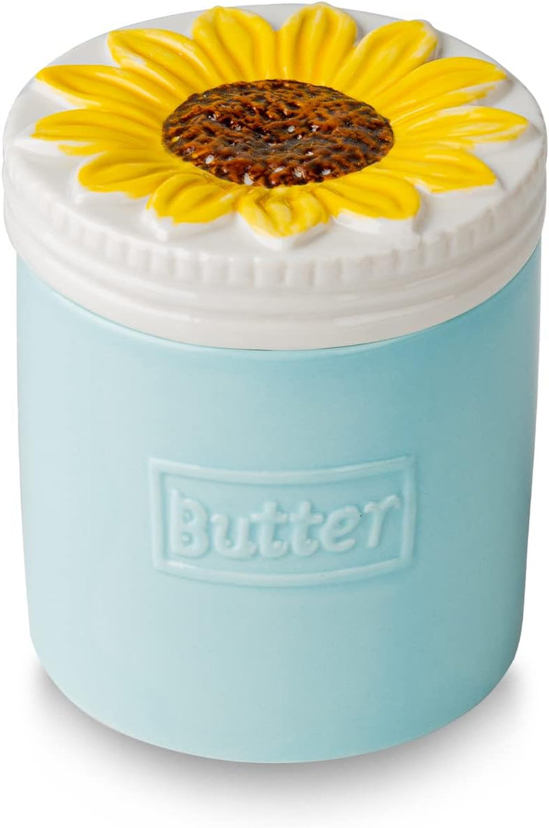 French Butter Crock Sunflower Ceramic Water Sealed Spreadable Butter Keeper | Blue Ceramic French Butter Crock with 3D Sunflower Lid for Keeping Butter Soft and Spreadable Using Water Seal Technology