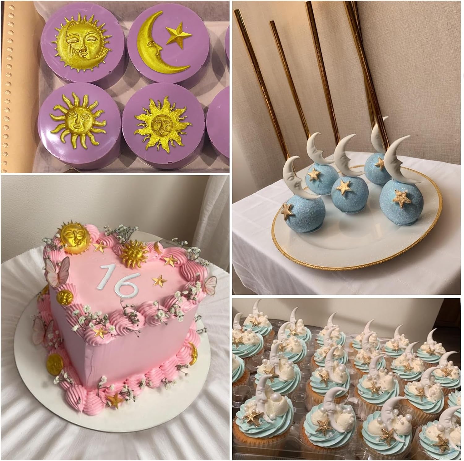 2 Pcs Sun Face Moon Star Silicone Molds Star Fondant Cake Molds Candy Polymer Clay Mold Silicone Moon Chocolate Mold for Cake Decorating, Cupcake, Clay, DIY Crafts, Fondant