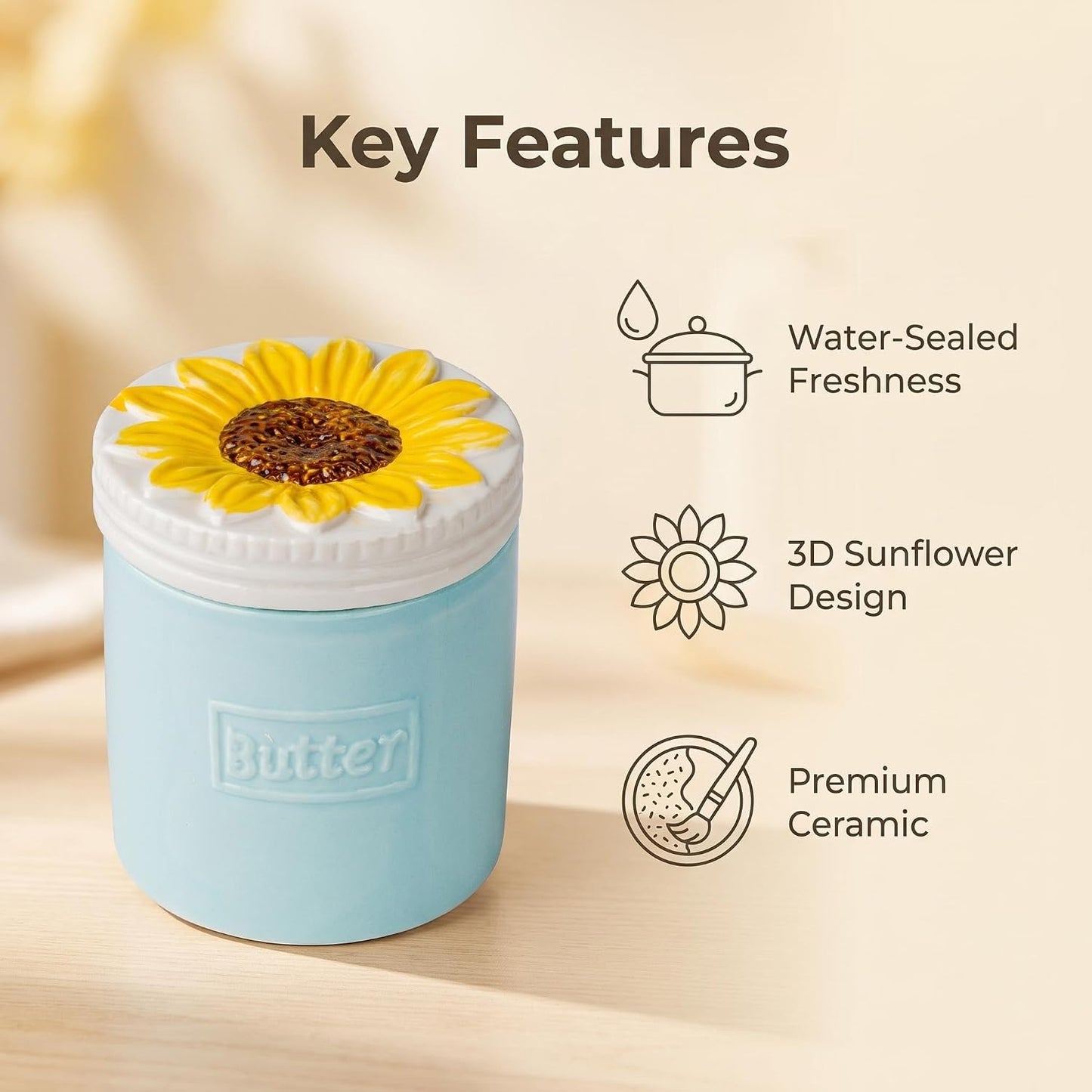 French Butter Crock Sunflower Ceramic Water Sealed Spreadable Butter Keeper | Blue Ceramic French Butter Crock with 3D Sunflower Lid for Keeping Butter Soft and Spreadable Using Water Seal Technology
