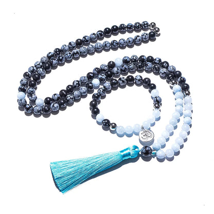 8Mm Natural Stone Beads,Snowflake Obsidian,Aguamarina,Japamala Sets,Spiritual Meditation Yoga Jewelry,108 Mala Beads Necklace
