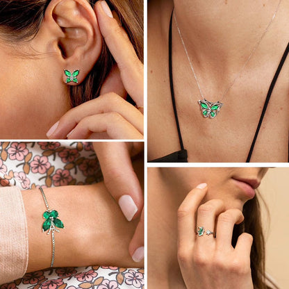 May Birthstone Jewelry Set Emerald Green Butterfly Fine Necklace/Earrings/Ring/Bracelet 925 Sterling Silver Women Xmas Birthday Mother'S Day Gift