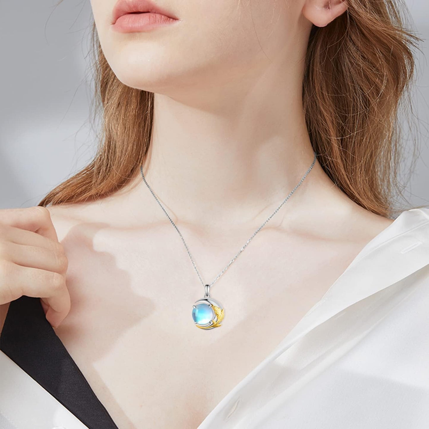 Moonstone Feather Necklace 925 Sterling Silver Moonstone Necklace Moonstone Crescent Moon Jewelry for Women Girlfriend Daughter
