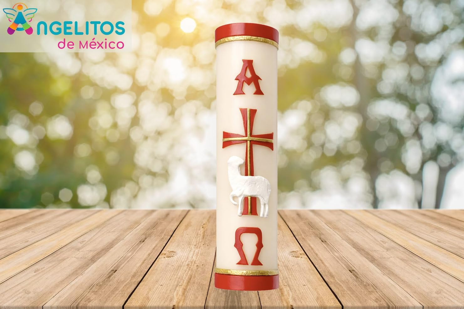 Handmade Paschal Red Candle with Alpha Omega Cross and Sheep