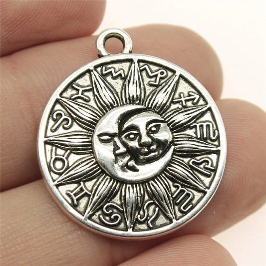 4Pcs 28X25Mm 3 Colors round Shape Retro Zodiac Symbol Sun and Moon Totem Charm Pendant for Necklace Making