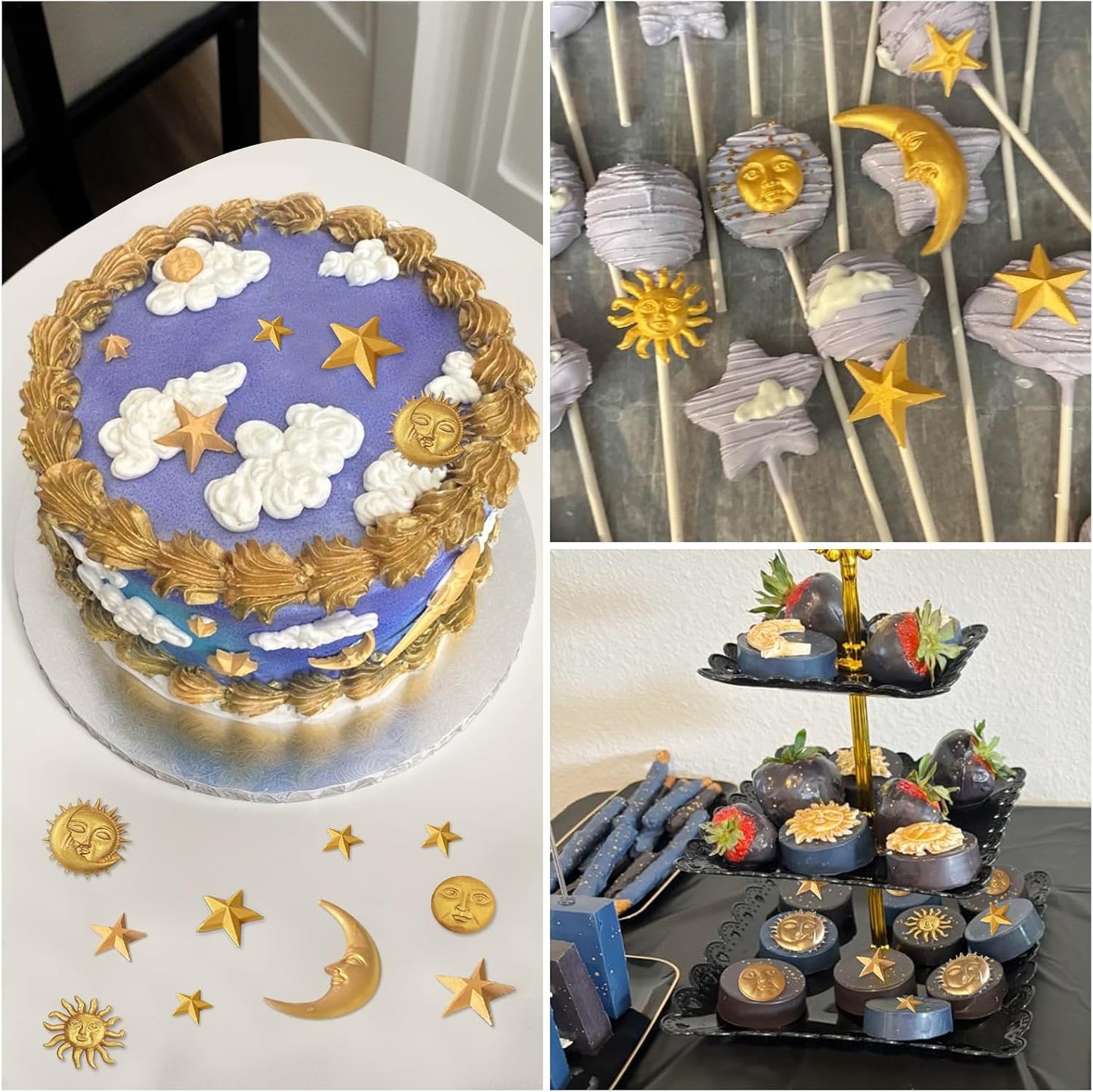 2 Pcs Sun Face Moon Star Silicone Molds Star Fondant Cake Molds Candy Polymer Clay Mold Silicone Moon Chocolate Mold for Cake Decorating, Cupcake, Clay, DIY Crafts, Fondant