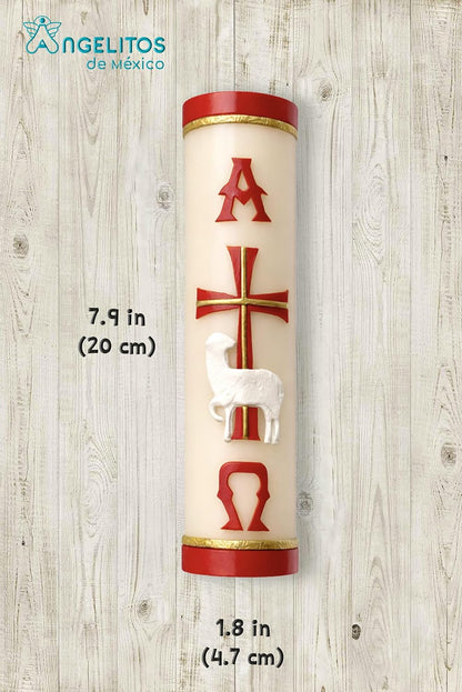 Handmade Paschal Red Candle with Alpha Omega Cross and Sheep